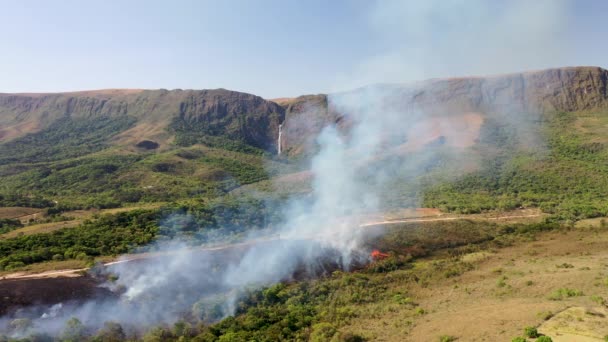 Widok Drone Forest Fire Cerrado Biome Atlantic Forest Przejścia Pobliżu — Wideo stockowe