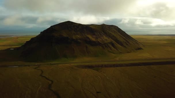 Aerial Landscape View Petursey Mountain South Iceland Dramatic Cloudscape — Stock Video