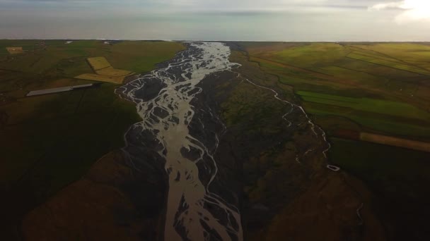 谷を流れる氷河川の空中風景 多くの枝 暗い砂の上 アイスランド — ストック動画