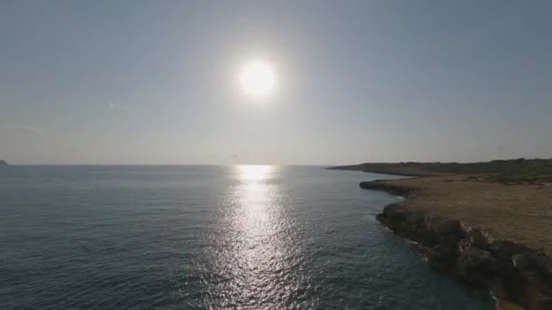 Ocean Sun Beam Aerial Follows Rugged Limestone Cliffs Mediterranean — Stock Video