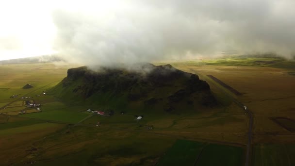 Aerial Landscape View Petursey Mountain Iceland Dramatic Cloudscape — Stock Video