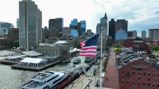 Tourists Enjoy Waterfront Boston Harbor City Cruises Aerial American Flag — Stock Video