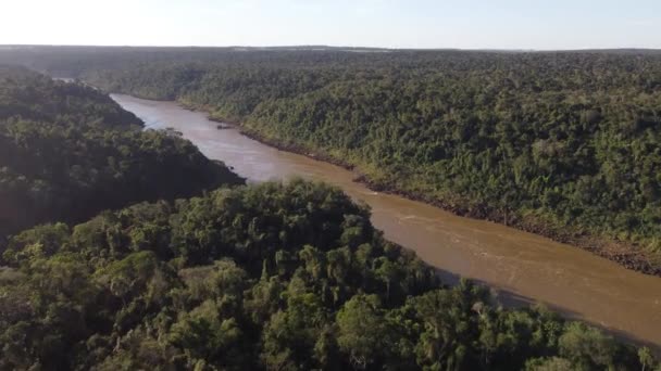 Brown Colored Iguazu River Amazon Rainforest Border Brazil Argentina Drone — Stock Video