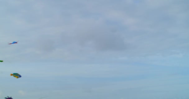 在安提瓜的魔鬼桥上 慢盘显示大量的风筝在空中飞舞 — 图库视频影像
