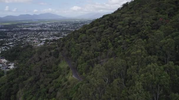 Vlieg Bosrijke Regenwoudbergen Met Cairns City Achtergrond North Queensland Queensland — Stockvideo