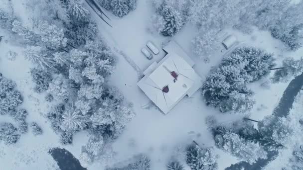 在结冰的运河边的阴天里 空中无人机鸟瞰着覆盖着厚厚的白雪的小屋 — 图库视频影像