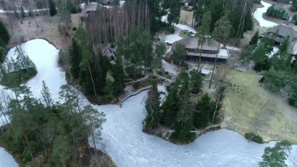 Frozen Lake Woodland Area Residential Neighborhood Aerial View — Stock Video