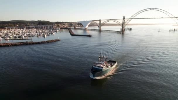 Barco Pesquero Que Entra Puerto Newport Oregon Panorama Del Dron — Vídeo de stock