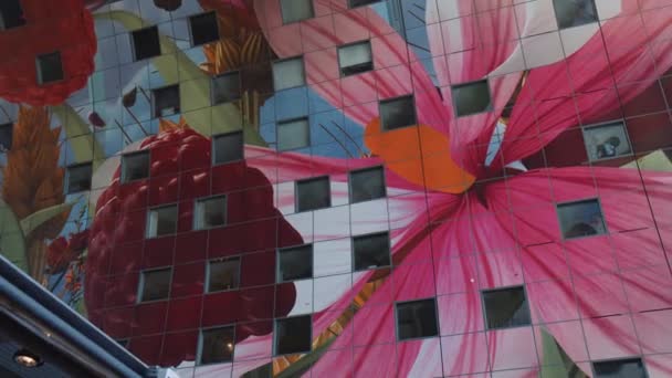 Panning Shot Showing Brightly Painted Agricultural Artwork Walls Markthal Rotterdam — Stock Video