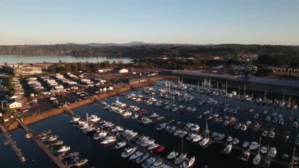 Grote Haven Dokken Met Jachten Vissersschepen Newport Oregon Drone Shot — Stockvideo