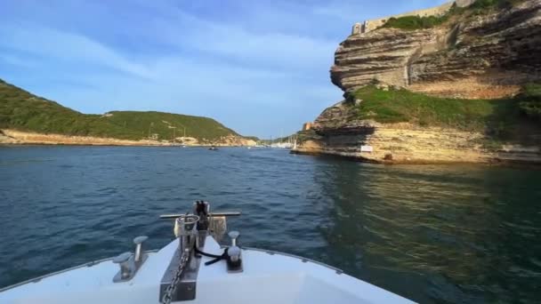 Point View Sailboat Bow Navigating Bonifacio Harbor Corsica Island France — стоковое видео