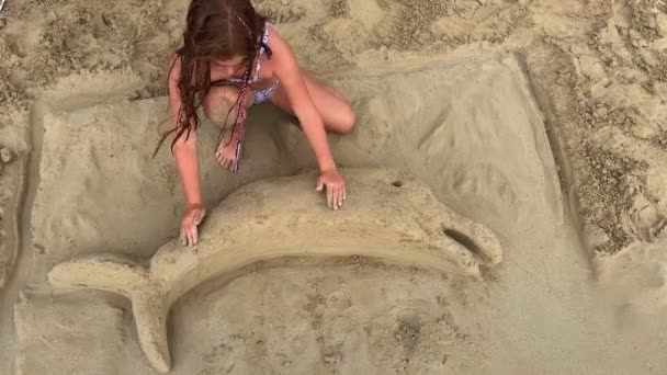 砂浜で遊んでいるかわいい赤い髪の女の子は海岸でイルカと遊んでいます 休日と夏のコンセプト — ストック動画