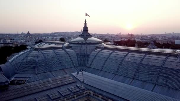 パリの日の出にガラスの城であるグラン パレの上にフランス国旗がなびくドローンの眺め — ストック動画