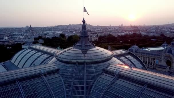 Aerial Sunrise View French Flag Waving Top Grand Palais Des — Stock videók