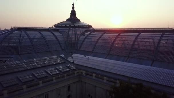 上からパリ市内の航空ツアーでは 日没時にグランド パレの頂上でフランス国旗が振りかけられ 遠くにはサクレ クールがいます — ストック動画