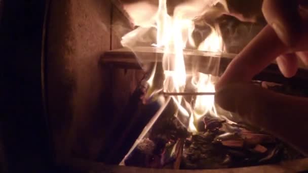 Closeup Hand Lighting Matchstick Fireplace Slow Motion — Stock Video