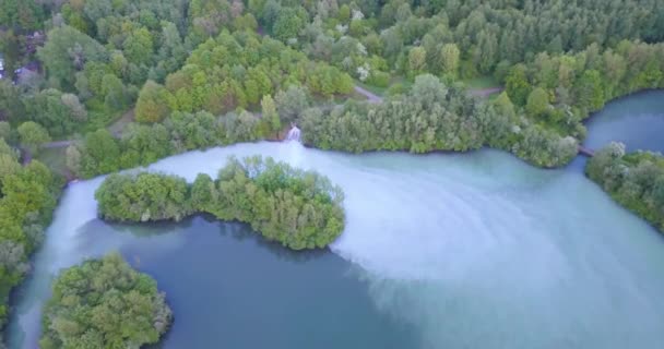 Bujny Zielony Las Turkusowe Wody Jeziora Widok Lotu Ptaka Piękno — Wideo stockowe