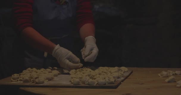 Homemade Pelmeni Being Prepared Dimly Lit Kitchen Hearth Back — Stock Video