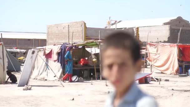 Nagranie Kobiety Idącej Kierunku Namiotu Małego Chłopca Wchodzącego Kadr Patrzącego — Wideo stockowe