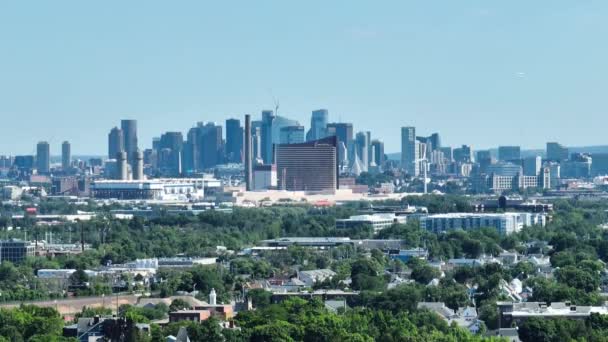 Aerial Shot Approaching Summer Boston Skyline Plane Flying — Stock Video
