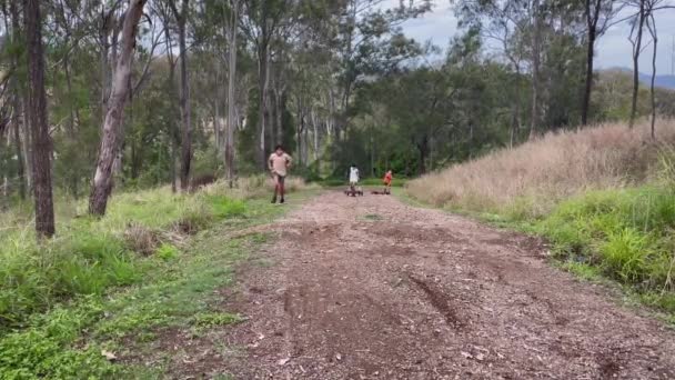 木製のゴーカートで丘の上の未舗装のトラックを歩いてアクティブな若い男の子 オーストラリア — ストック動画