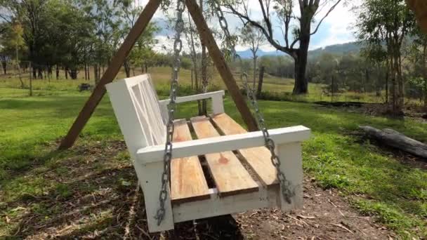 木の景色を望む田園地帯で空の木製の椅子スイング — ストック動画