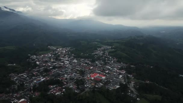 Aerial Drone Panning Salento Town Colombia Houses Municipality Church Skyline — Stock Video