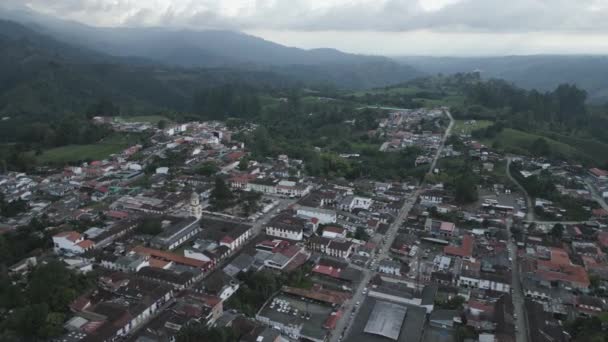 Salento Stad Quindio Colombia Luchtdrone Vliegen Boven Huizen Straten Kerk — Stockvideo