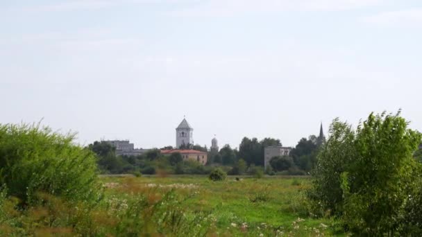 ラトビアの距離に聖三位一体教会の尖塔を持つJelgava農村風景 — ストック動画