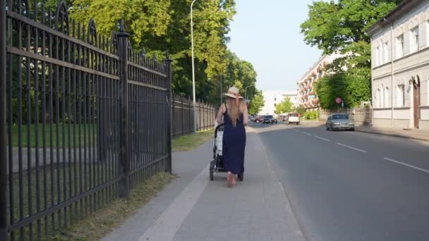 Mulher Branca Elegante Empurrando Carrinho Bebê Rua Perto Parque Letónia — Vídeo de Stock