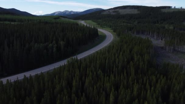 Червоні Автомобілі Їздять Горах Шосе Оточенні Лісу Вид Повітря — стокове відео