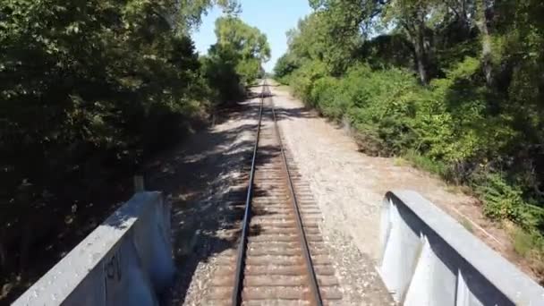 Dron Projíždějící Přes Most Mezi Stromy Kolejích Během Dne — Stock video