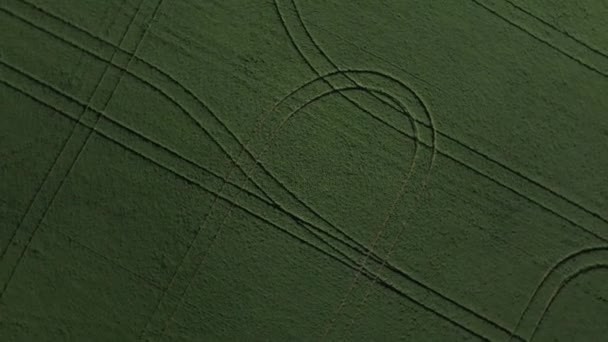 从空中看 农民田里有拖拉机标记 自行车直朝下射击 — 图库视频影像