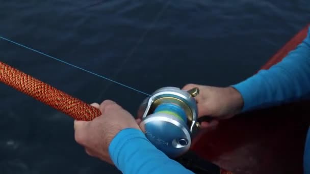 Winding Conventional Fishing Reel Slow Motion Blue Yellow Line — Stock Video