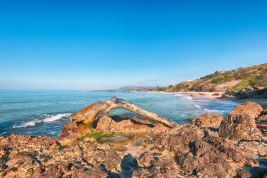 Fabulous view azure sea glowing by sunlight. Dramatic morning scene. Location: Makauda, Sciacca. Sicily, Southern Italy, Europe