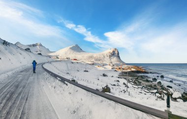 Picturesque winter scenery on Storsandnes beach in the morning. Popular tourist destination. Location: Flakstadoya island, Lofoten; Norway, Europe