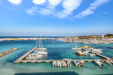Breathtaking view on harbour of Otranto in Italy with lots of boats and yachts. Italian vacation. Town Otranto, province of Lecce in the Salento peninsula, Puglia, Italy