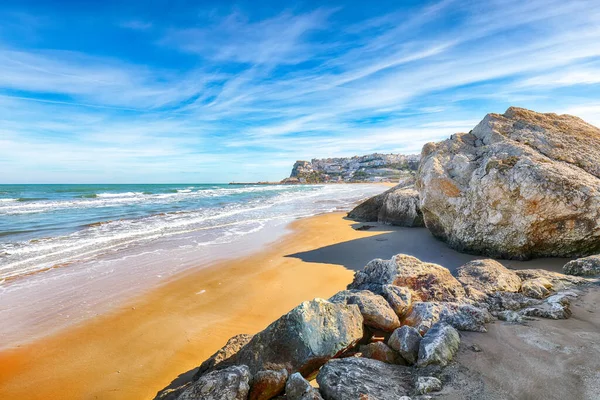 stock image Amazing Peschici with wide sandy beach in Puglia, adriatic coast of Italy. Location: Peschici, Gargano peninsula, Apulia, southern Italy, Europe.