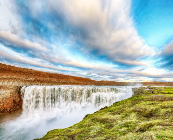 Потрясающий Вид Закат Самого Мощного Водопада Европе Названием Деттифосс Национальный — стоковое фото