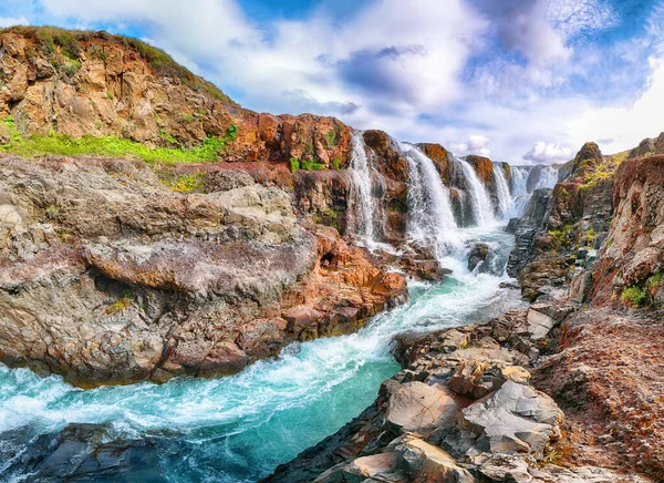 Breathtaking View Kolufossar Waterfall Summer Sunny Day Popular Tourist Travel — Stock Photo, Image
