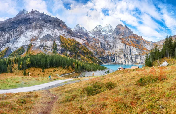 Fabulous Autumn View Oeschinensee Lake Scene Swiss Alps Bluemlisalp Summit — Stock Photo, Image