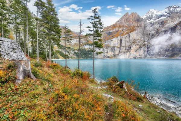 Incredible Autumn View Oeschinensee Lake Scene Swiss Alps Bluemlisalp Summit — Stock Photo, Image