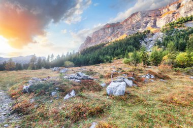 Oeschinen Vadisi ve Bluemlisalp zirvesinin muhteşem sonbahar manzarası. Arka planda Bluemlisalp zirvesi olan İsviçre Alpleri sahnesi. Konum: Oeschinen Vadisi, Bern Kantonu, İsviçre, Avrupa