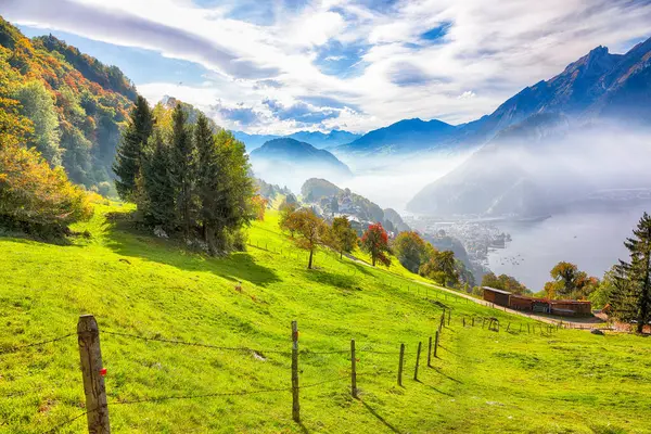 Působivý Podzimní Pohled Předměstí Města Stansstad Jezera Lucerne Horami Mlhou — Stock fotografie