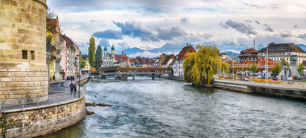 Astonishing historic city center of Lucerne with famous buildings and lake Jesuitenkirche Church. Popular travel destination . Location: Lucerne, Canton of Lucerne, Switzerland, Europe