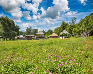 Geleneksel Romen köylü evlerinin inanılmaz yaz sahnesi. Transilvanya 'nın kırsal kesiminin güzelliği. Konum: Sibiu, Transilvanya bölgesi, Romanya, Avrupa