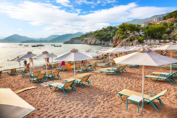 stock image Captivating summer view of Adriatic sea coast in Budva Riviera near Przno village. Cozy beach and buildings on the rock. Location: Przno village, Montenegro, Balkans, Europe