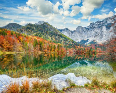 Hinterer Langbasee Gölü 'nün büyüleyici sonbahar sahnesi. Popüler seyahat yeri. Konum: Vorderer Langbasee, Salzkammergut bölgesi, Yukarı Avusturya, Avusturya, Avrupa.