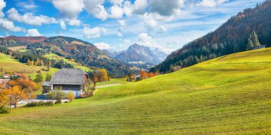 Abtenau yakınlarındaki Lindenthal köyündeki Alp yeşil tarlalarının ve geleneksel ahşap evlerin büyüleyici manzarası. Konum: Lindenthal Köyü, Abtenau, Hallein ilçesi, Salzburg eyaleti, Avusturya
