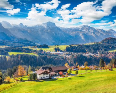 Güneşli bir sonbahar gününde Abtenau köyü yakınlarındaki Alp yeşili tarlalar ve geleneksel ahşap evler nefes kesici. Konum: Abtenau, Hallein ilçesi, Salzburg eyaleti, Avusturya
